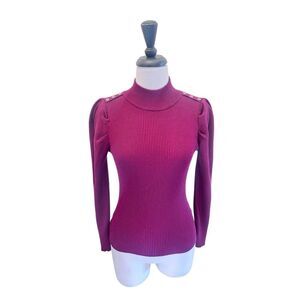 TAHARI Women's High Neck Ribbed Knit Puffed Long Sleeve Sweater Purple Size XS